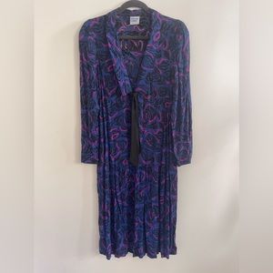 Vintage 80s Harvey Celler Blue Pink Rose Floral Drop Waist Dress w Neck Tie M